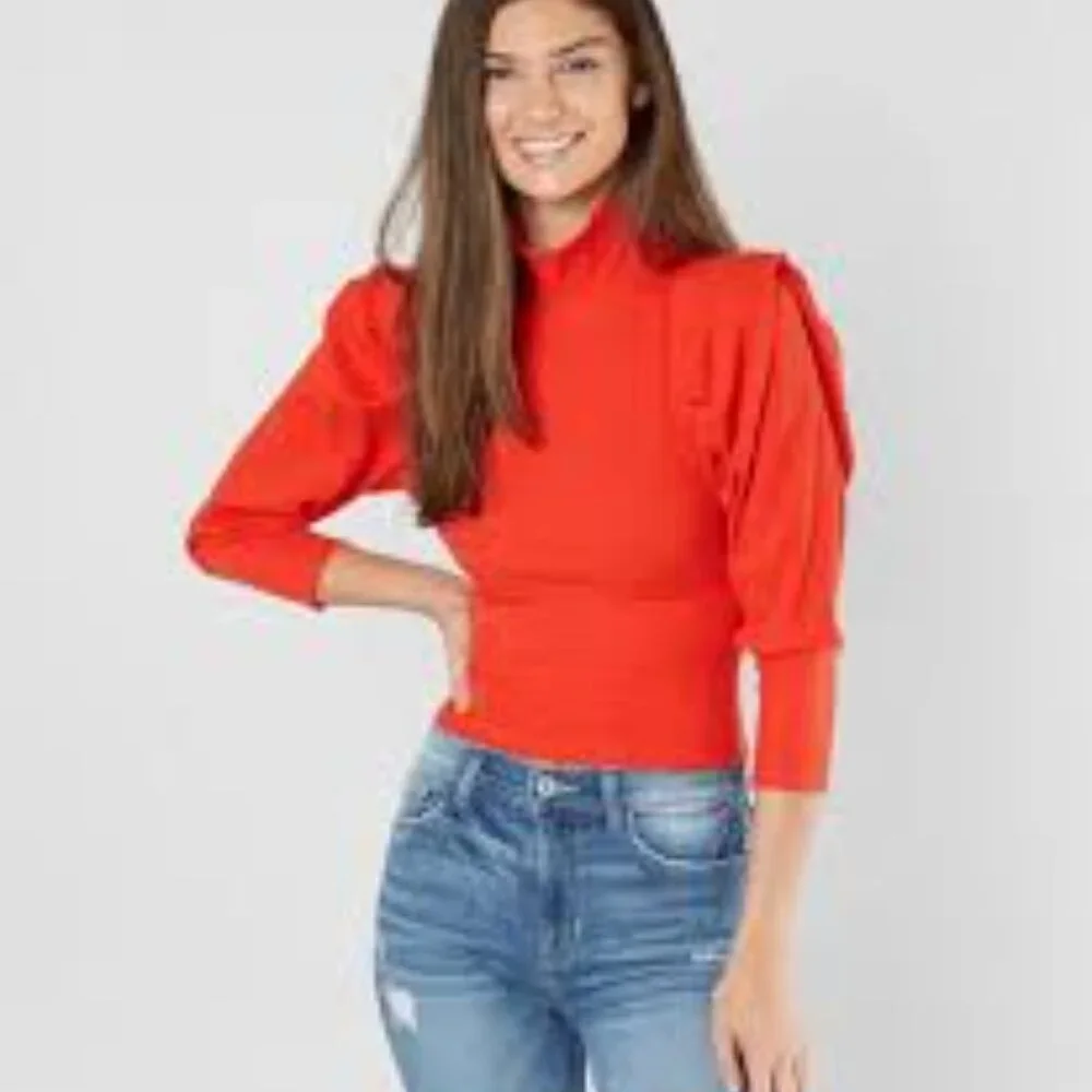 FREE PEOPLE LALA CROP TOP POPPY RED 3/4 PUFF SLEEVE HIGH NECK XS - Picture 1 of 5